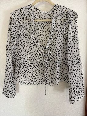 Pleione Black & White Spot Ruffle Tie-Front Blouse